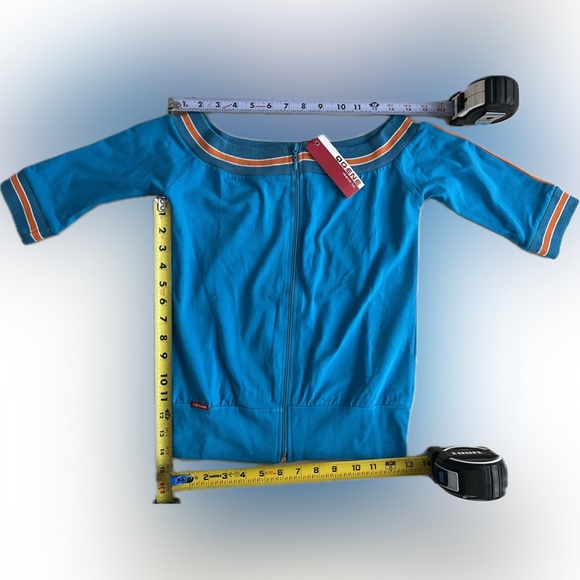 🆕Retro-Style Zip-Up 3/4 Sleeve Shirt | Turquoise | Orange/White Ribbing | Small - Picture 9 of 16